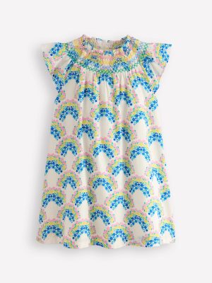 Holiday Smocked Dress-Soft Ivory Rainbow Shells