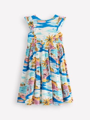 Bow Back Midi Dress-Multi Coastal Scene
