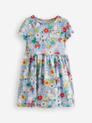 Heart Pocket Fun Jersey Dress-Misty Blue Spring Meadow