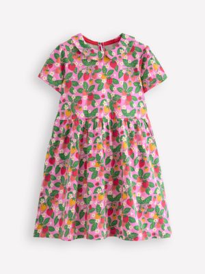 Peter Pan Collar Jersey Dress-Cosmos Pink Strawberry Patch