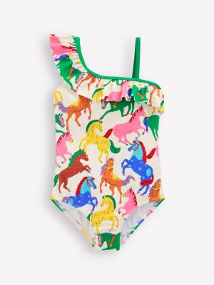 Lila One Shoulder Swimsuit-Multi Rainbow Horses