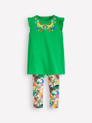 Frill Sleeve Tunic Set-Sapling Green Embroidery