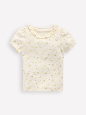 Short-sleeved Ruffle Pointelle-Rosebud Floral