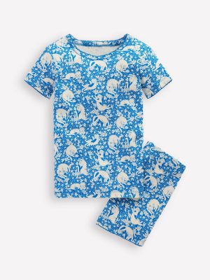 Snug Short John Pyjamas-Kingfisher Blue Kitten Meadow