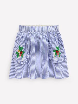 Applique Pocket Skirt-Blue Ticking Floral Stripe