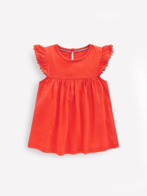 Frill Sleeve Pom Top-Coral Orange