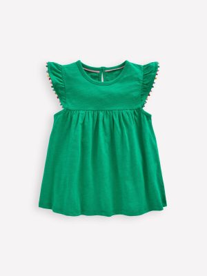 Frill Sleeve Pom Top-Bright Emerald