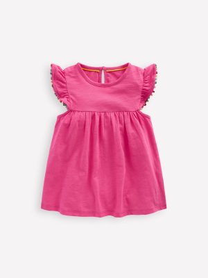 Frill Sleeve Pom Top-Flamingo Pink