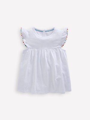 Frill Sleeve Pom Top-White