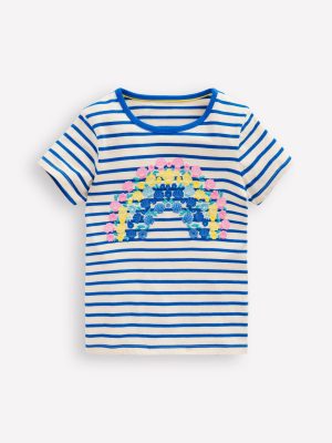 Short Sleeve Appliqu?? T-shirt-Peacock Plume Blue/Soft Ivory