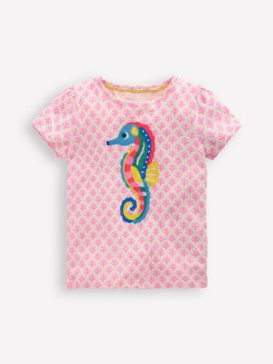 Puff Sleeve Superstitch Top-Pink Woodblock Seahorse