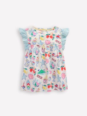 Frill Sleeve Woven Top-Ivory Holiday Print