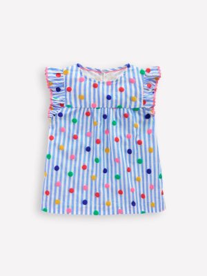 Frill Sleeve Woven Top-Peacock Plume Blue Spot