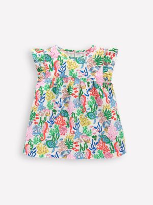 Frill Sleeve Woven Top-Multi Coral Cove