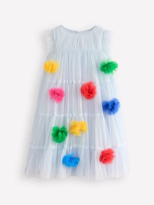 Rainbow Ombre Tulle Dress-Blue Multi Pom
