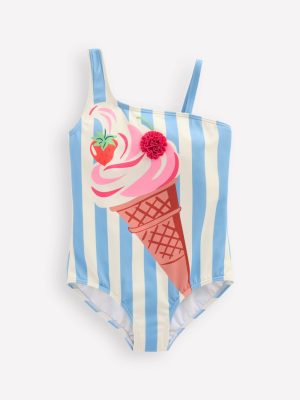 Sunday Appliqu?? Swimsuit-Vintage Blue Ice Cream Stripe