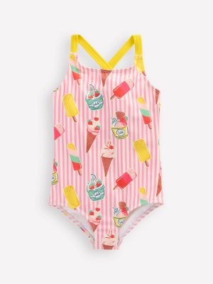Cross-back Printed Swimsuit-Vintage Pink Ice Cream Stripe