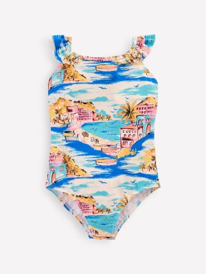 Hallie Frill Strap Swimsuit-Multi Coastal Scene