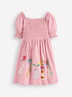 Clare Shirred Appliqu?? Dress-Vintage Pink May Day Animals