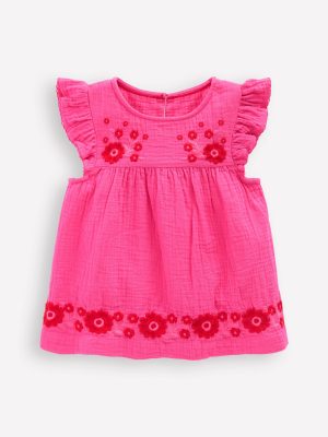 Double Cloth Frill Sleeve Top-Sorbet Pink Embroidered