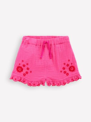 Double Cloth Frill Hem Shorts-Sorbet Pink Embroidered