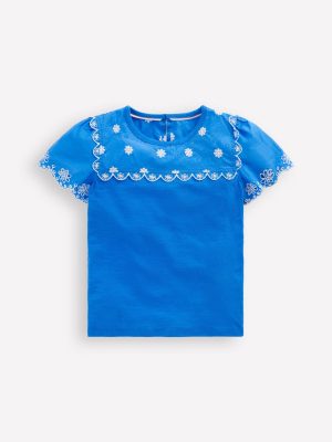 Broderie Sleeve Tee-Kingfisher Blue