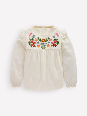 Embroidered Jersey Yoke Top-Soft Ivory Embroidery