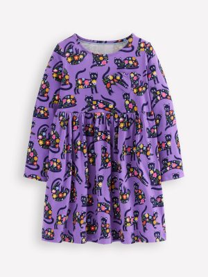 Heart Pocket Fun Jersey Dress-Purple Topaz Spooky Cats