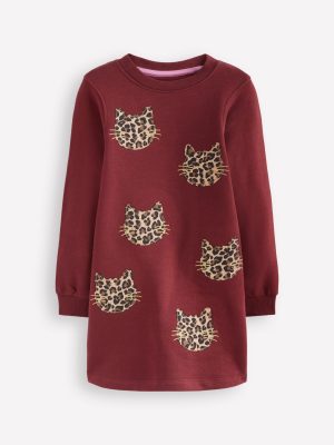 Ida Sweatshirt Appliqué Dress-Chestnut Cat Faces