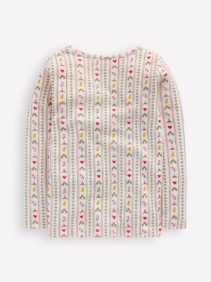 Long Sleeve Pointelle Top-Soft Ivory Nutcracker Stripe