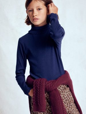 Ribbed Roll Neck Top-College Navy