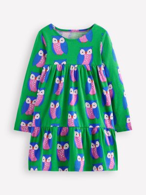 Ariel Long Sleeve Twirly Dress-Rich Emerald Geo Owls