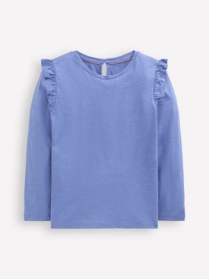 Frill Sleeve Slub Top-Soft Blue