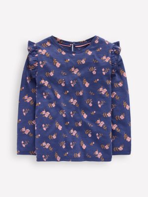 Frill Sleeve Slub Top-Starboard Blue Floral