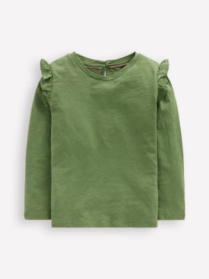 Frill Sleeve Slub Top-Safari Green