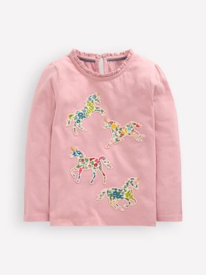 Frill Neck Appliqu?? T-shirt-Vintage Pink Unicorn