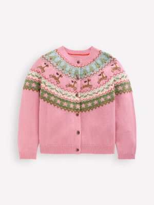 Edie Fair Isle Cardigan-Pink Marl Reindeer