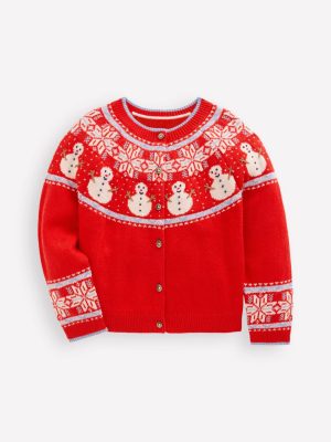 Edie Fair Isle Cardigan-Poppy Red Snowman