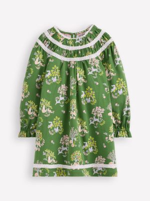 Pretty Lace Trim Jersey Dress-Green Woodland Floral