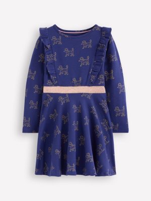 Cora Twirly Jersey Dress-Navy Foil Poodles