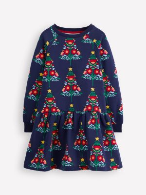 Cosy Sweatshirt Dress-College Navy Christmas Trees