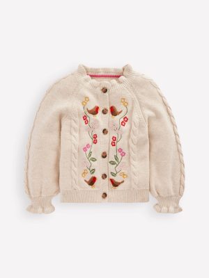 Pretty Embroidered Cardigan-Oatmeal Marl