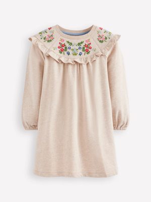 Embroidered Sweatshirt Dress-Oatmeal Marl