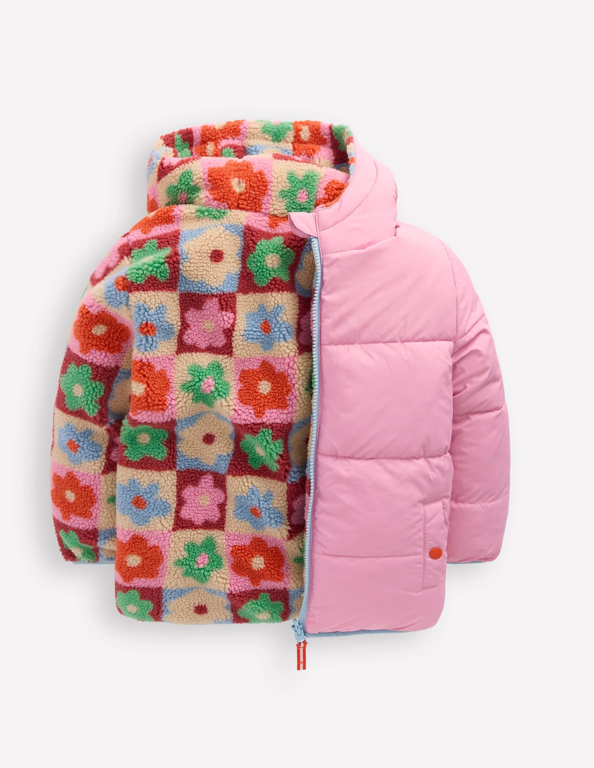 Reversible Padded Borg Coat-Multi Flower Check - Image 5