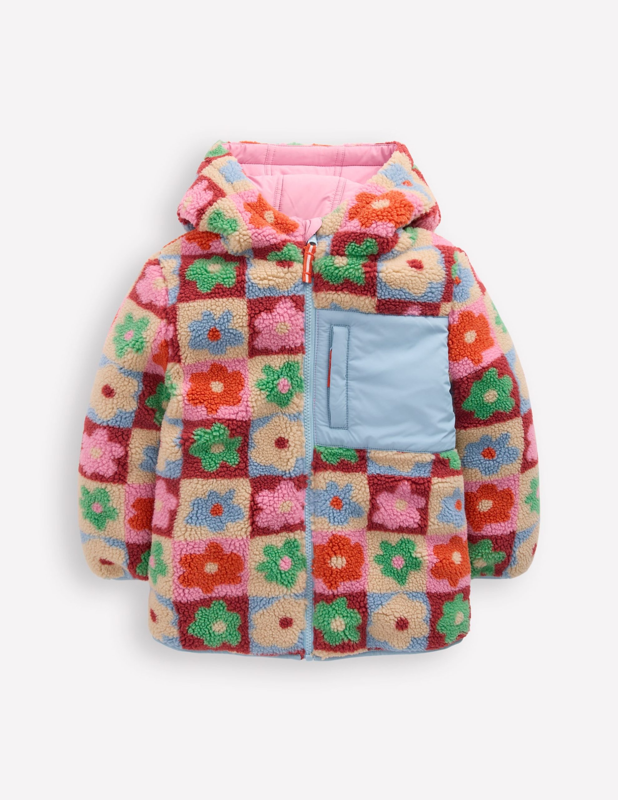 Reversible Padded Borg Coat-Multi Flower Check - Image 6