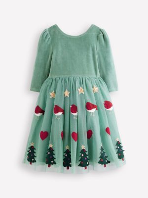 Velour Tulle Appliqué Dress-Robin Motif
