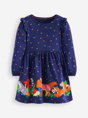 Appliqué Jersey Dress-College Navy Animals