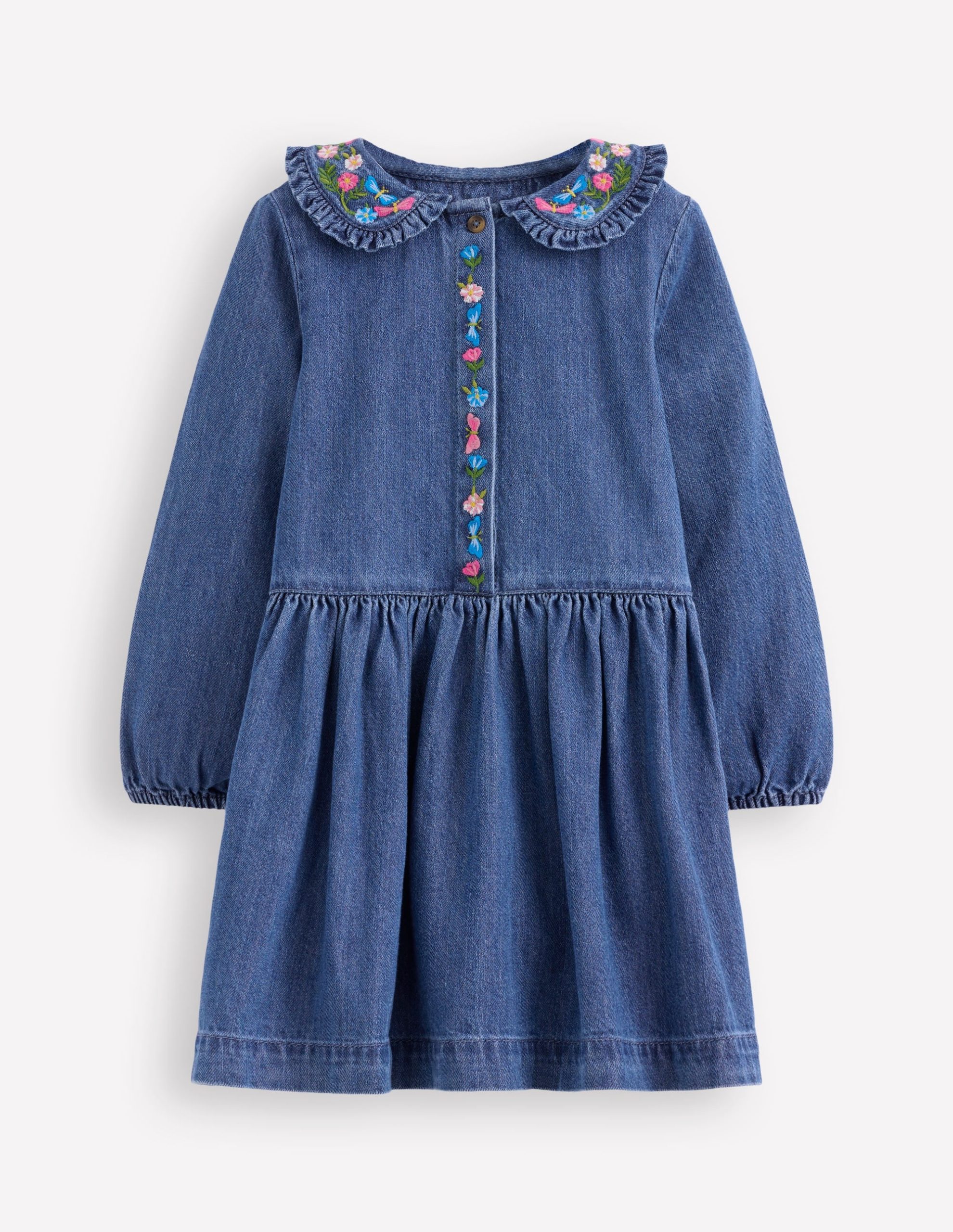 Denim Embroidered Collar Dress-Mid Vintage Denim