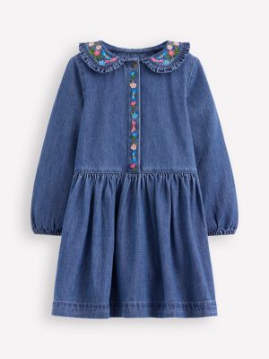 Denim Embroidered Collar Dress-Mid Vintage Denim