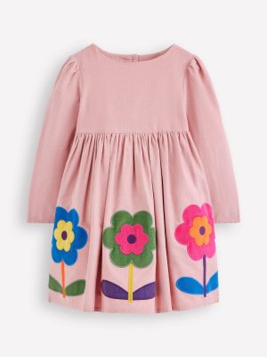 Corduroy Appliqué Dress-Almond Pink Flower